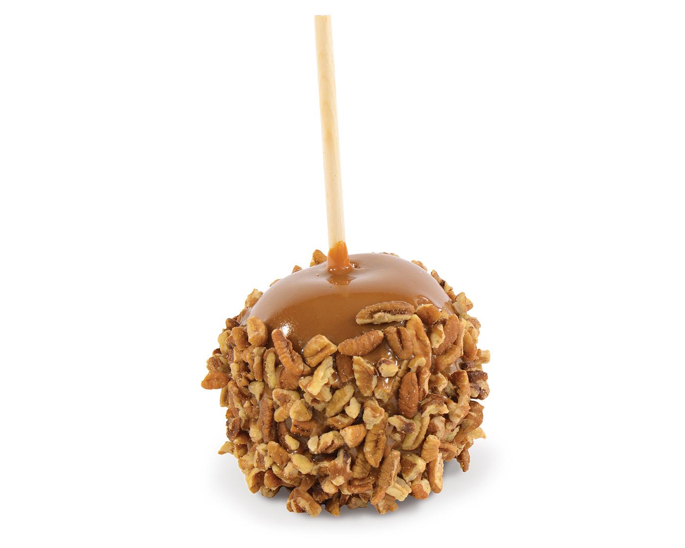 Close-up shot of a single caramel apple pecan cluster