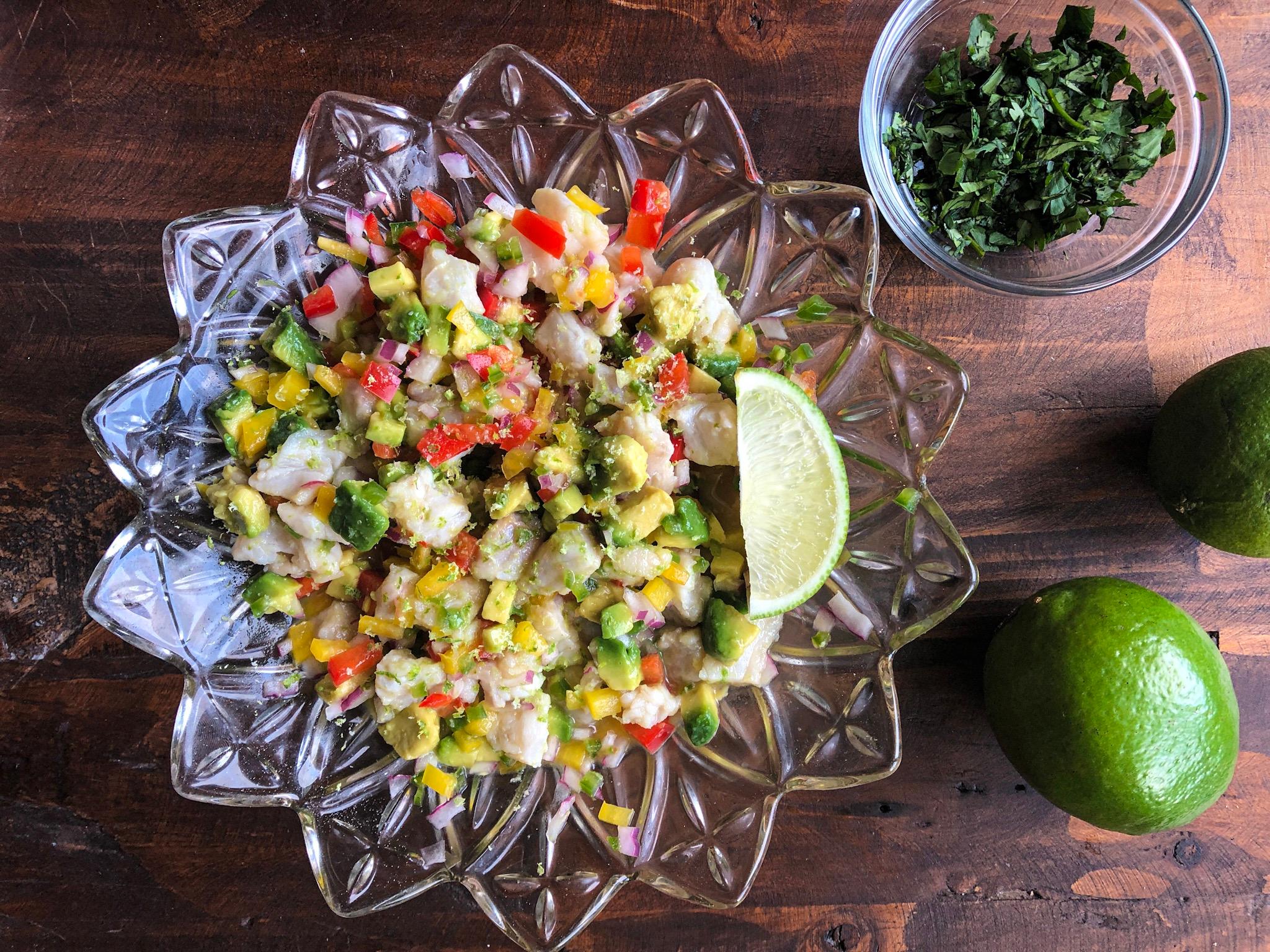 Close-up shot of three different types of ceviche, each with different seafood