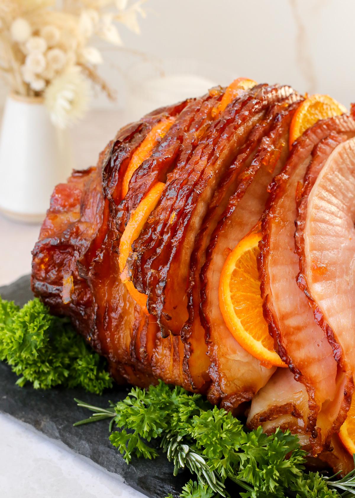 juicy Christmas ham with a glistening clementine glaze