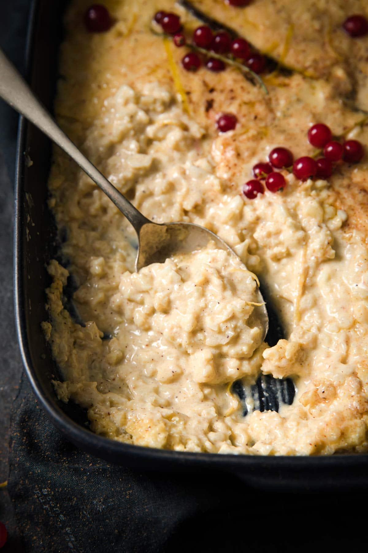creamy cauliflower rice pudding in a baking dish