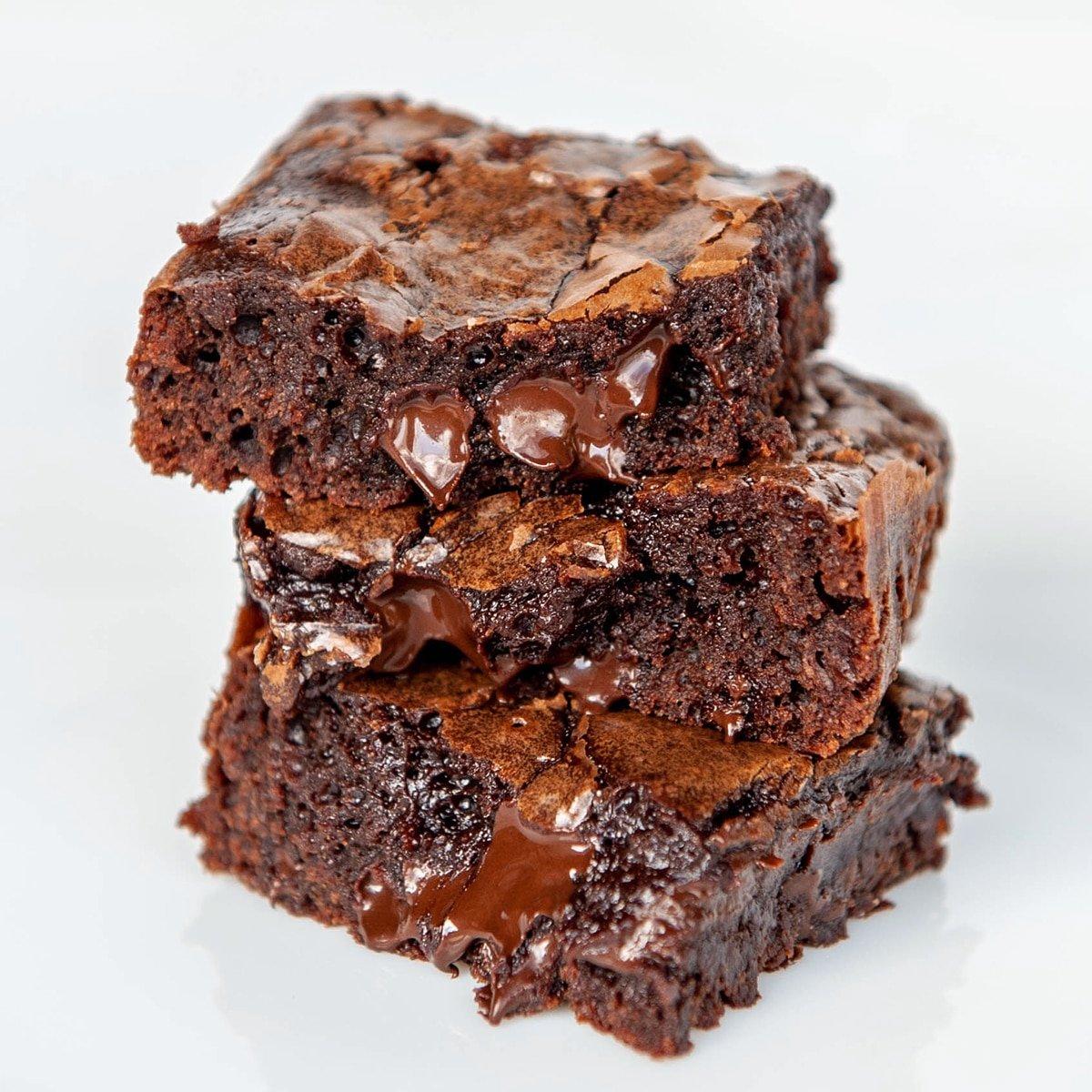 Close-up of a perfectly baked brownie, still warm from the oven