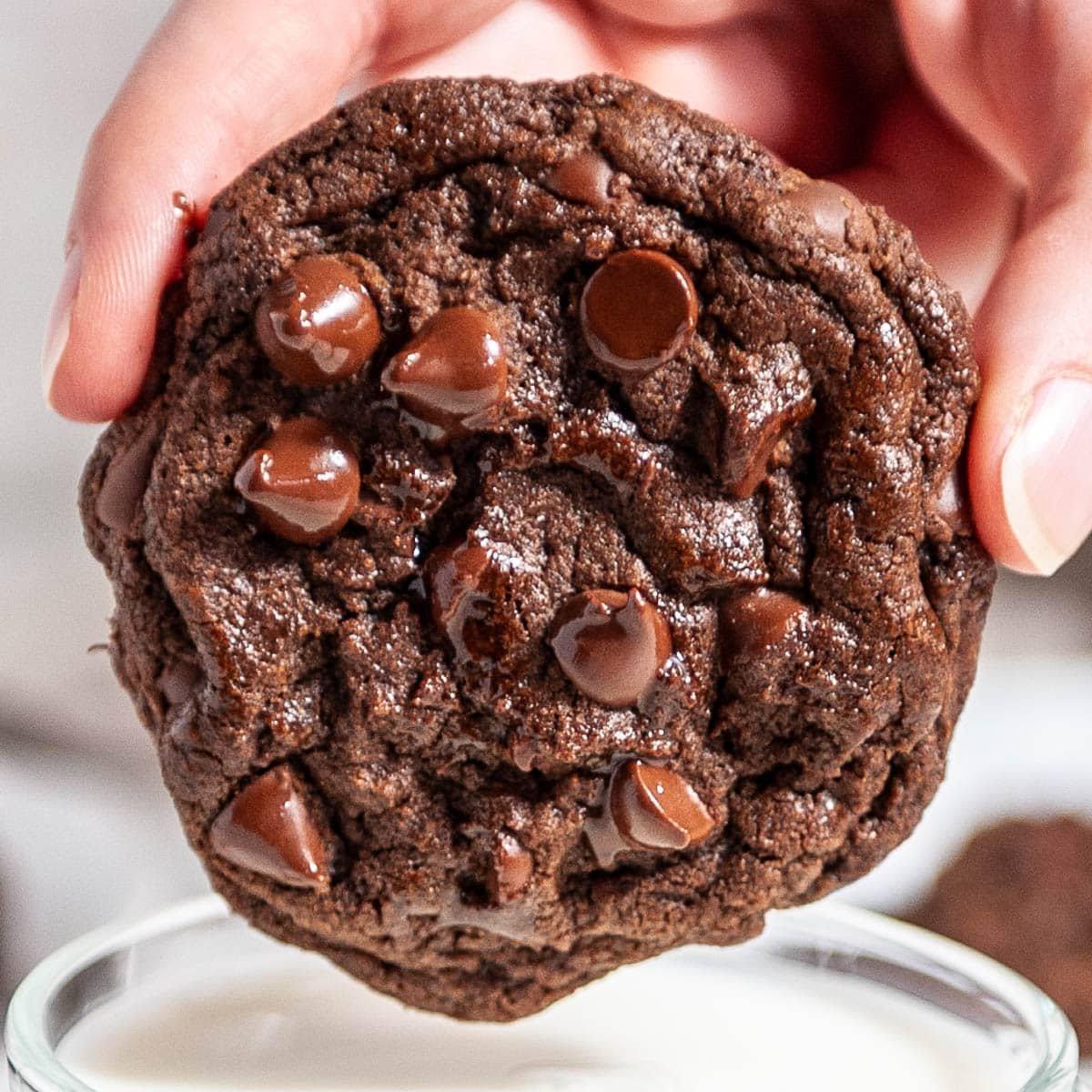 warm double chocolate cookies with melted fudgy center, close-up