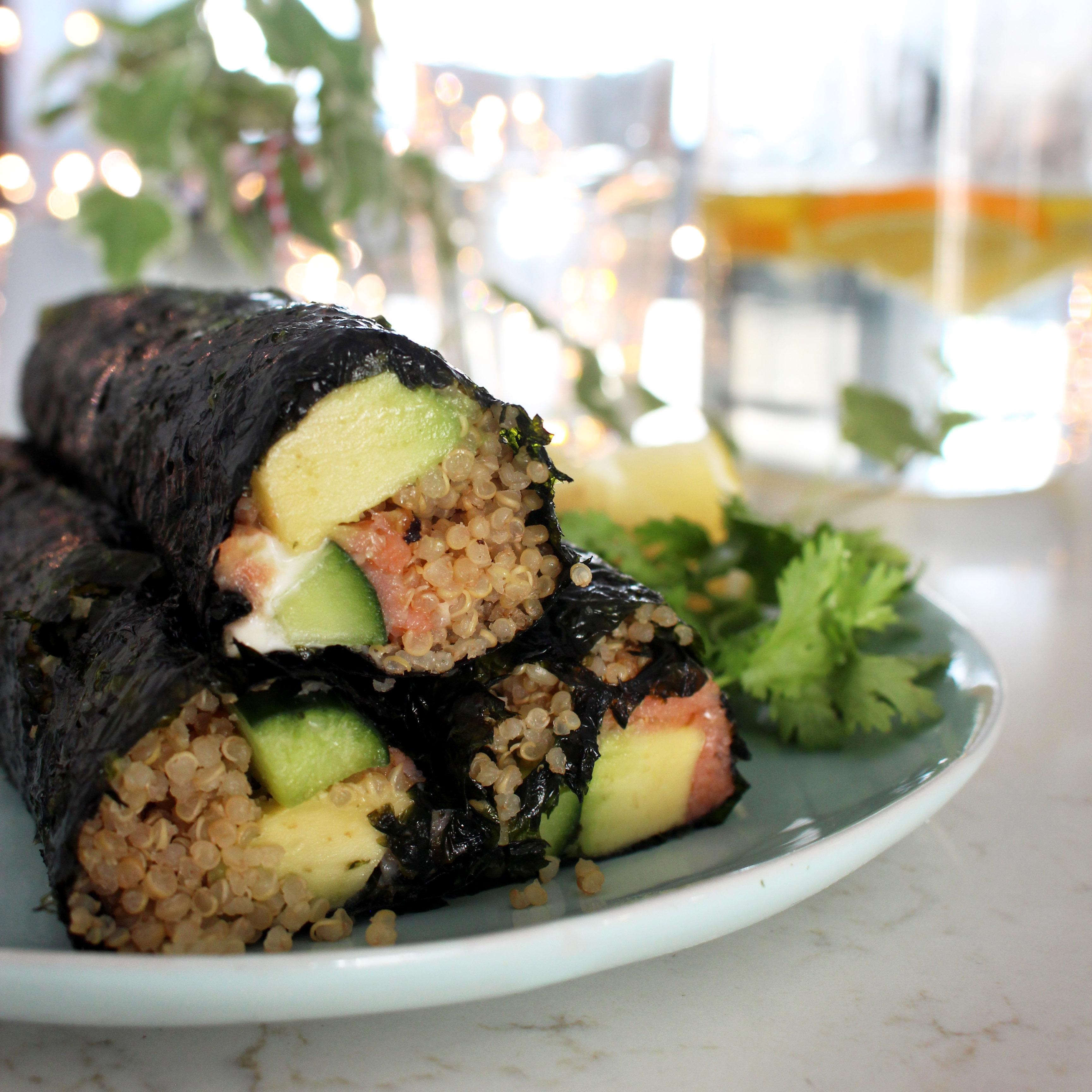 Close-up shot of a completed Mediterranean Quinoa Sushi-Burrito