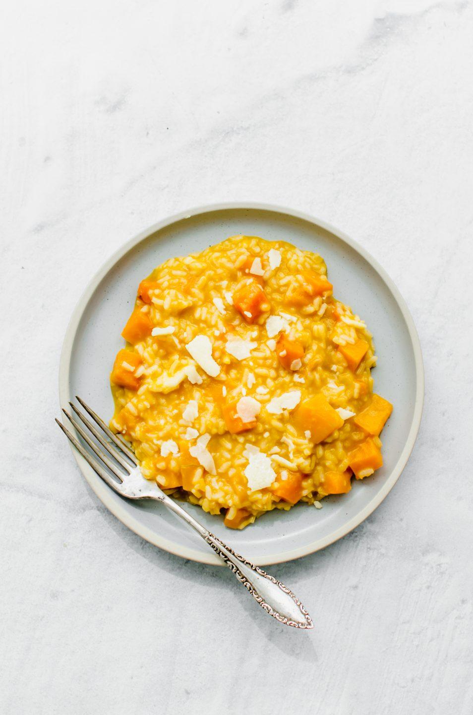 overhead shot of finished butternut squash and coconut curry risotto