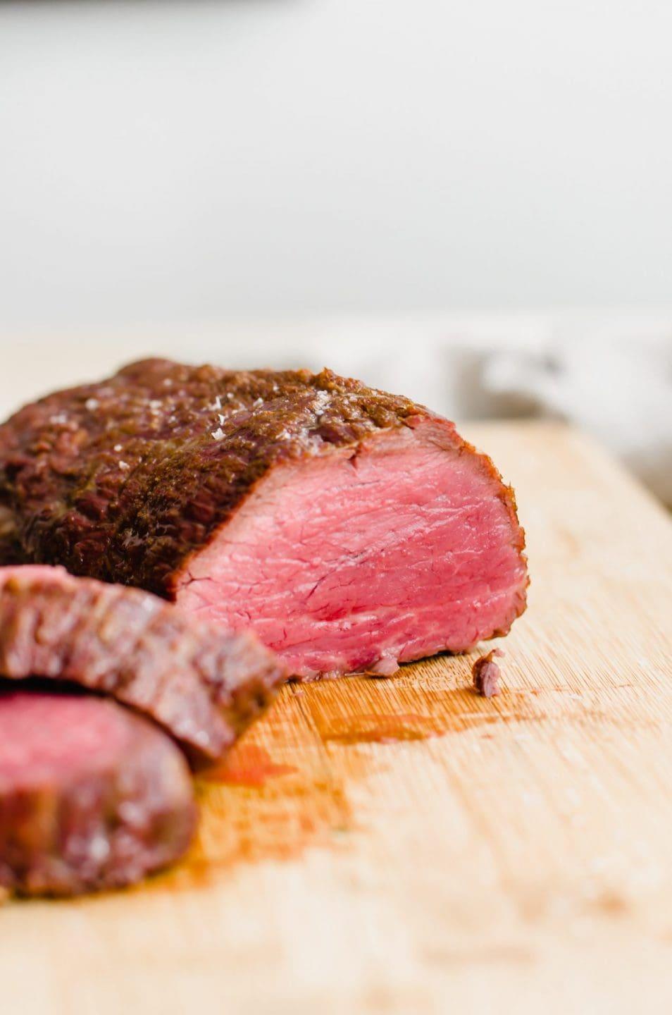 Close up of a perfectly seared beef tenderloin