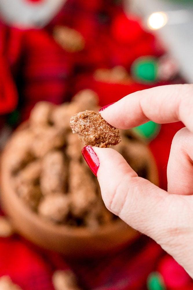 A person's hand reaching into a bowl of gingerbread spiced almonds