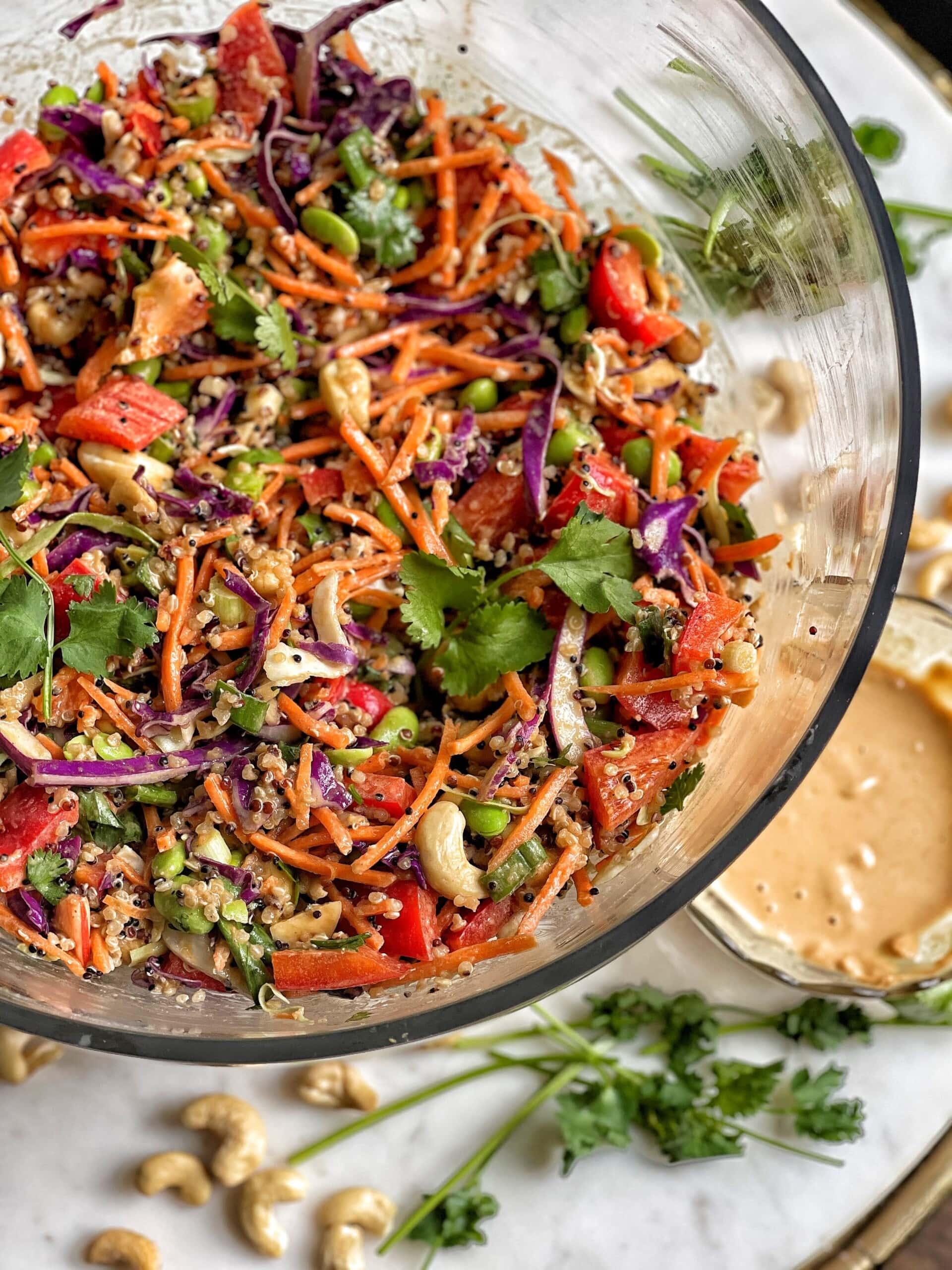 vibrant quinoa salad with tofu and peanut sauce