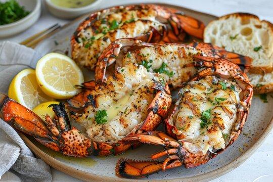 Close-up shot of a beautifully plated lobster tail, glistening with brown butter sauce, garnished with fresh parsley