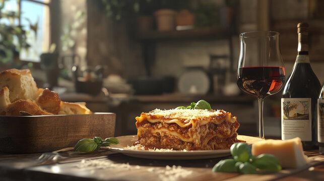 A wider shot of Wheat and Spinach Lasagna, served on a rustic wooden table, with a glass of wine.