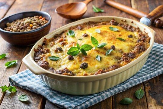 Close-up shot of a vibrant Bobotie in a baking dish, garnished with fresh herbs