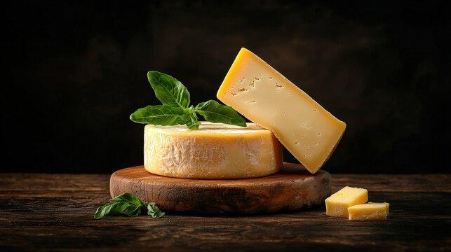 Close-up shot of smoked provolone cheese slices with fresh rosemary sprigs, set against a rustic wooden background