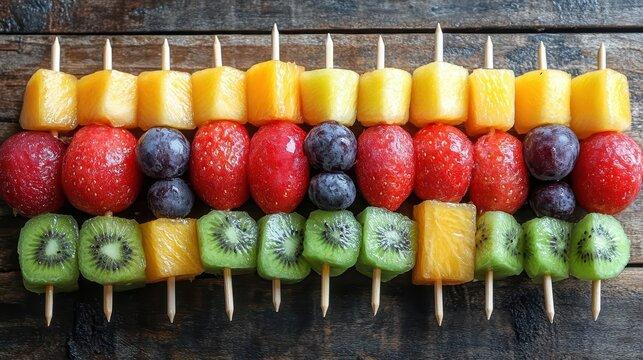 Colorful fruit kebabs on a rustic wooden background