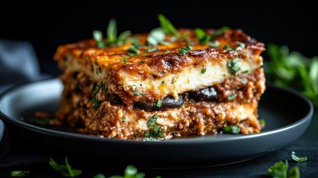 A rustic wooden table with a beautifully presented Moussaka, showcasing its layers and golden-brown topping, garnished with fresh herbs