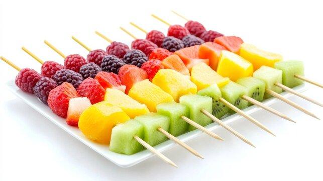 Close-up shot of a single fruit kebab, highlighting the vibrant colors and textures of the fruit.