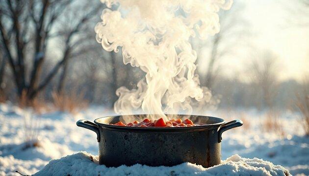 Close-up shot of a simmering pot of BBQ chili with steam rising