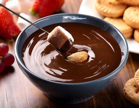 Close-up shot of a rich, decadent chocolate fondue with various dipping items like fruit, marshmallows, and cookies