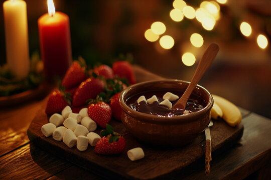 A rustic wooden table setting with a steaming chocolate fondue pot surrounded by an assortment of fresh fruit, marshmallows, and cookies.