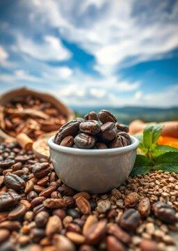 Close-up shot of a pile of chocolate-covered espresso beans on a rustic wooden surface