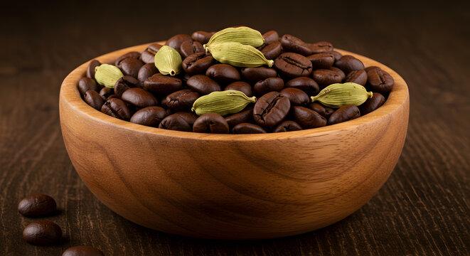 A close-up shot of roasted walnuts with coffee beans and cardamom pods