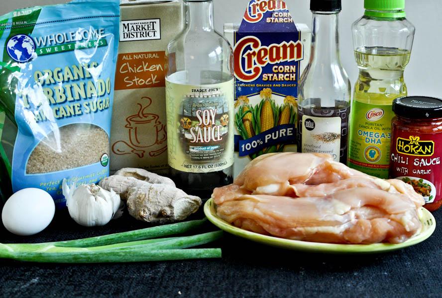 A step-by-step image showing the preparation of General Tso's chicken, highlighting the sauce and cooking process.