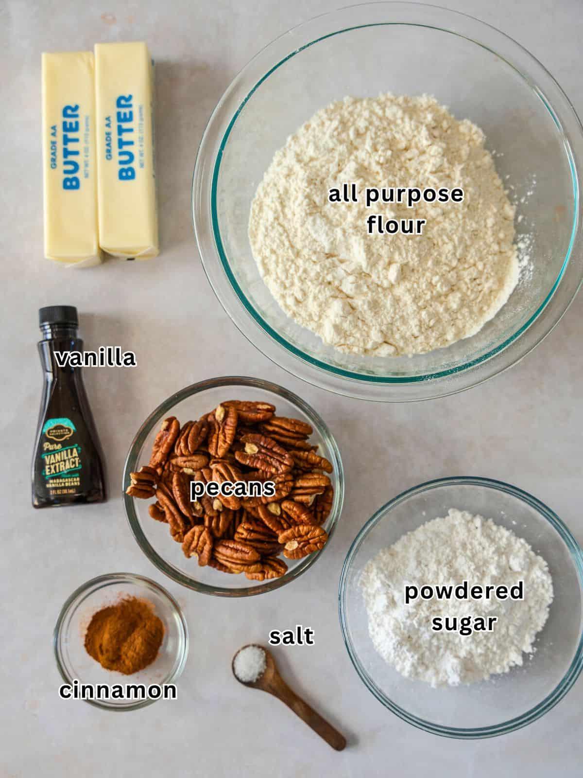 Close-up of ingredients for Mexican Wedding Cookies: shortening, powdered sugar, flour, pecans, vanilla extract