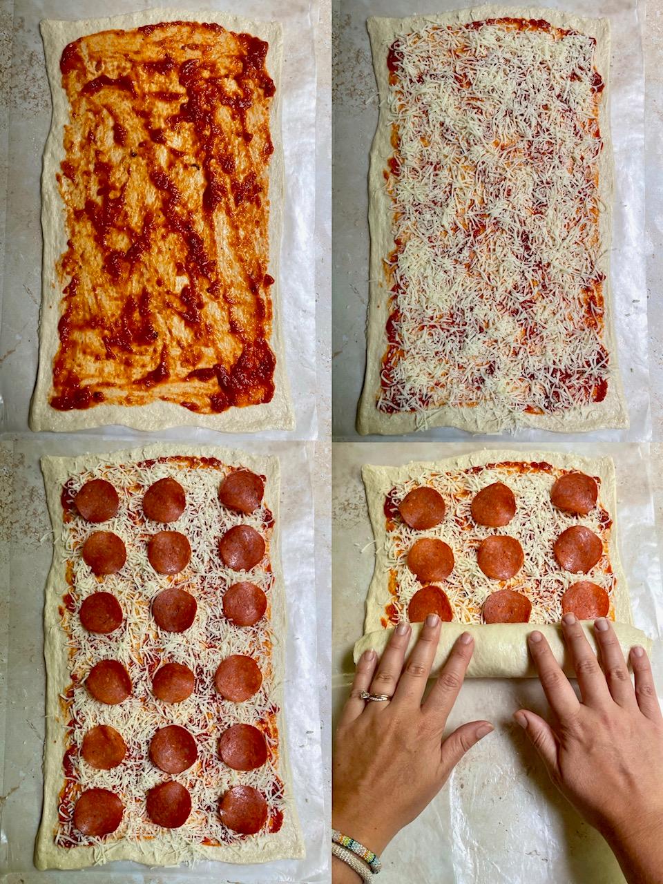 A baking sheet full of pizza rolls baking in the oven