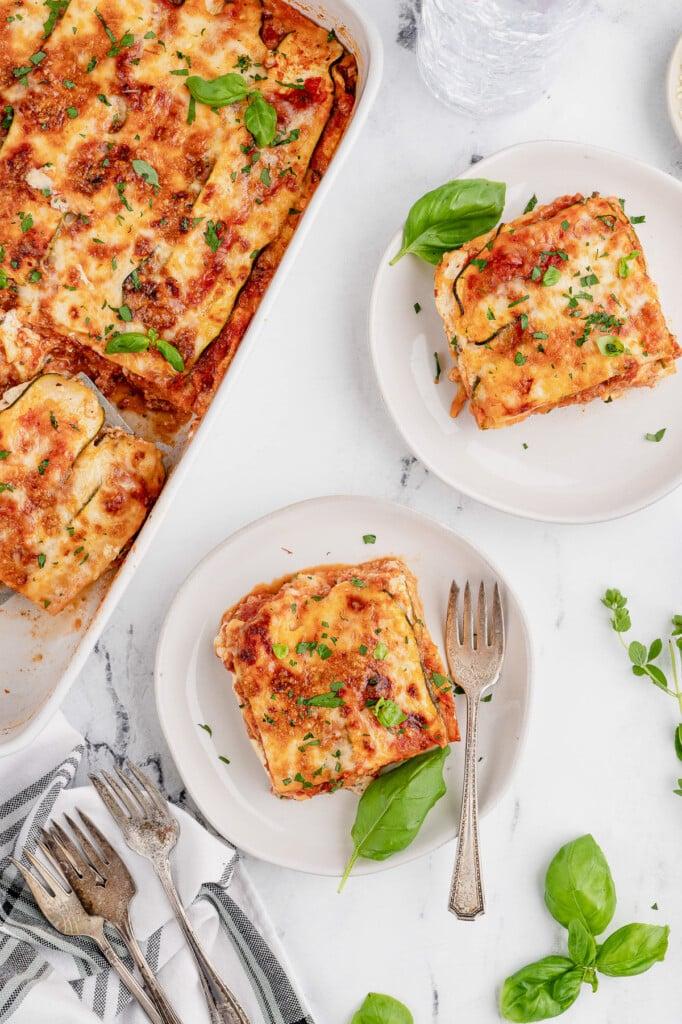 An overhead shot of the completed Zucchini Lasagna, ready to be cut into slices and served.