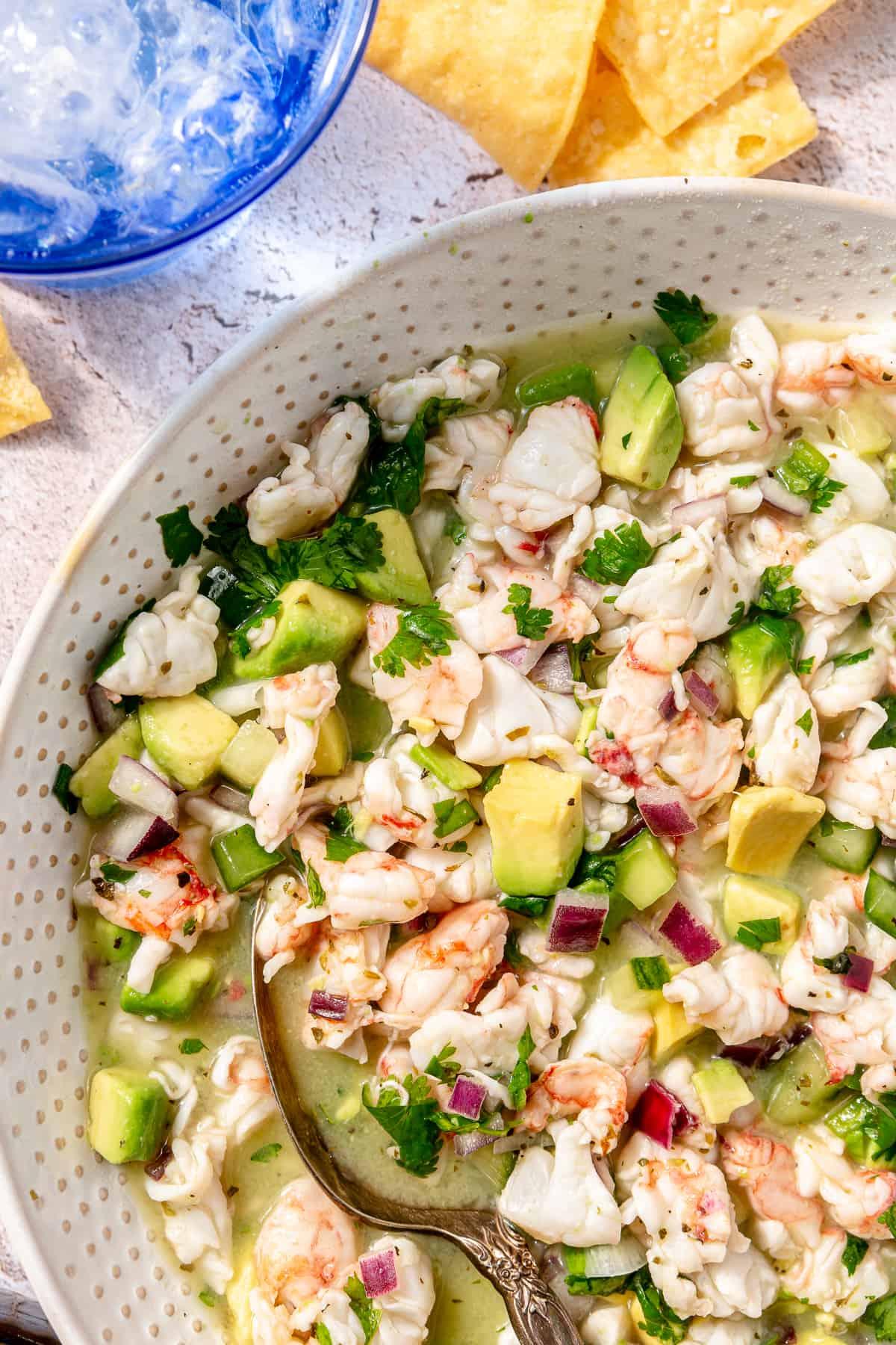 Close-up of a finished bowl of ceviche with coleslaw, garnished with lime wedges and cilantro