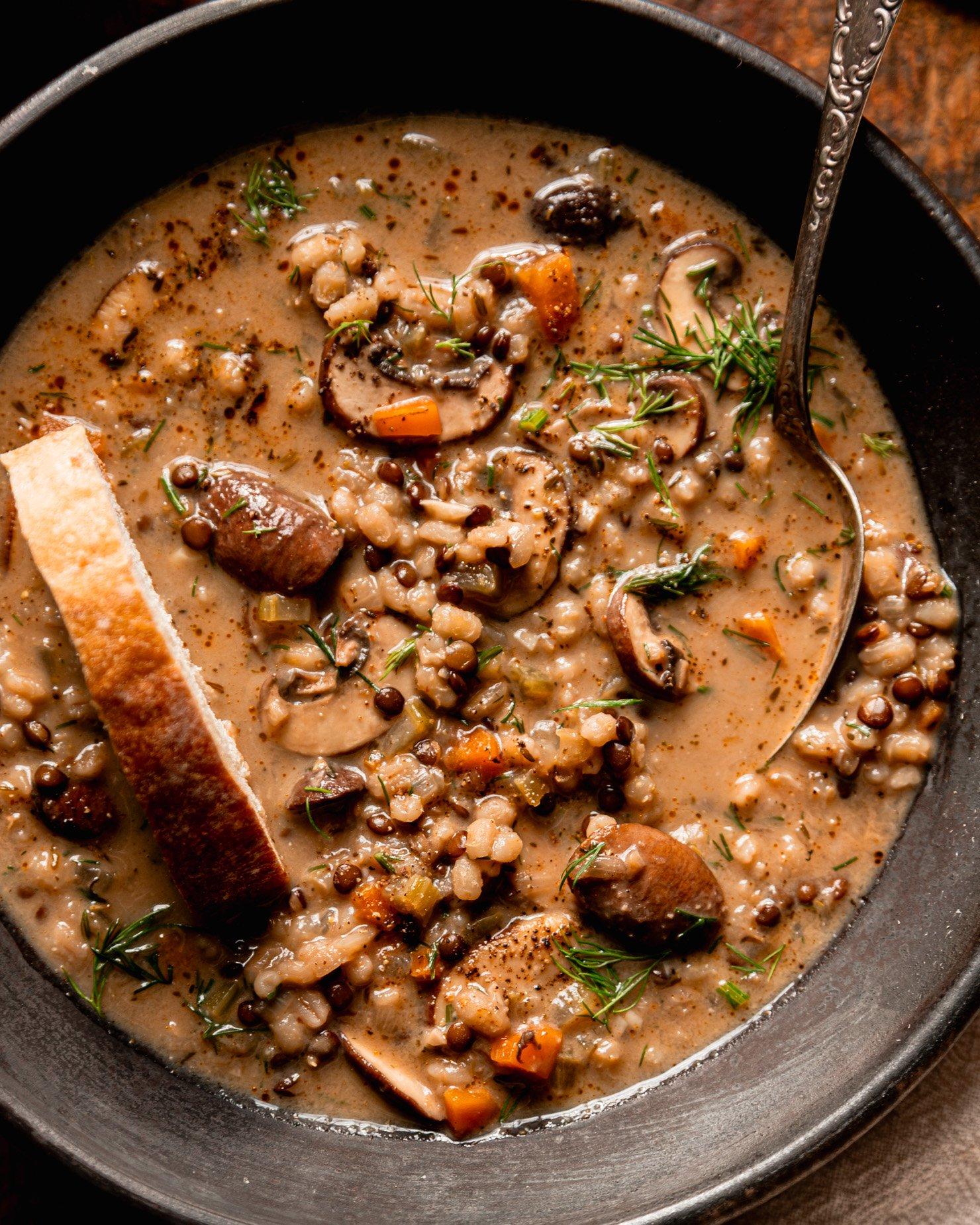 Close-up shot of a bowl of barley and mushroom ragout with steam rising
