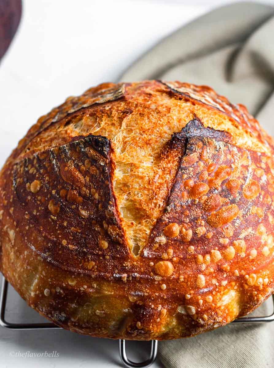 A perfectly baked sourdough boule, with a crisp crust and open crumb