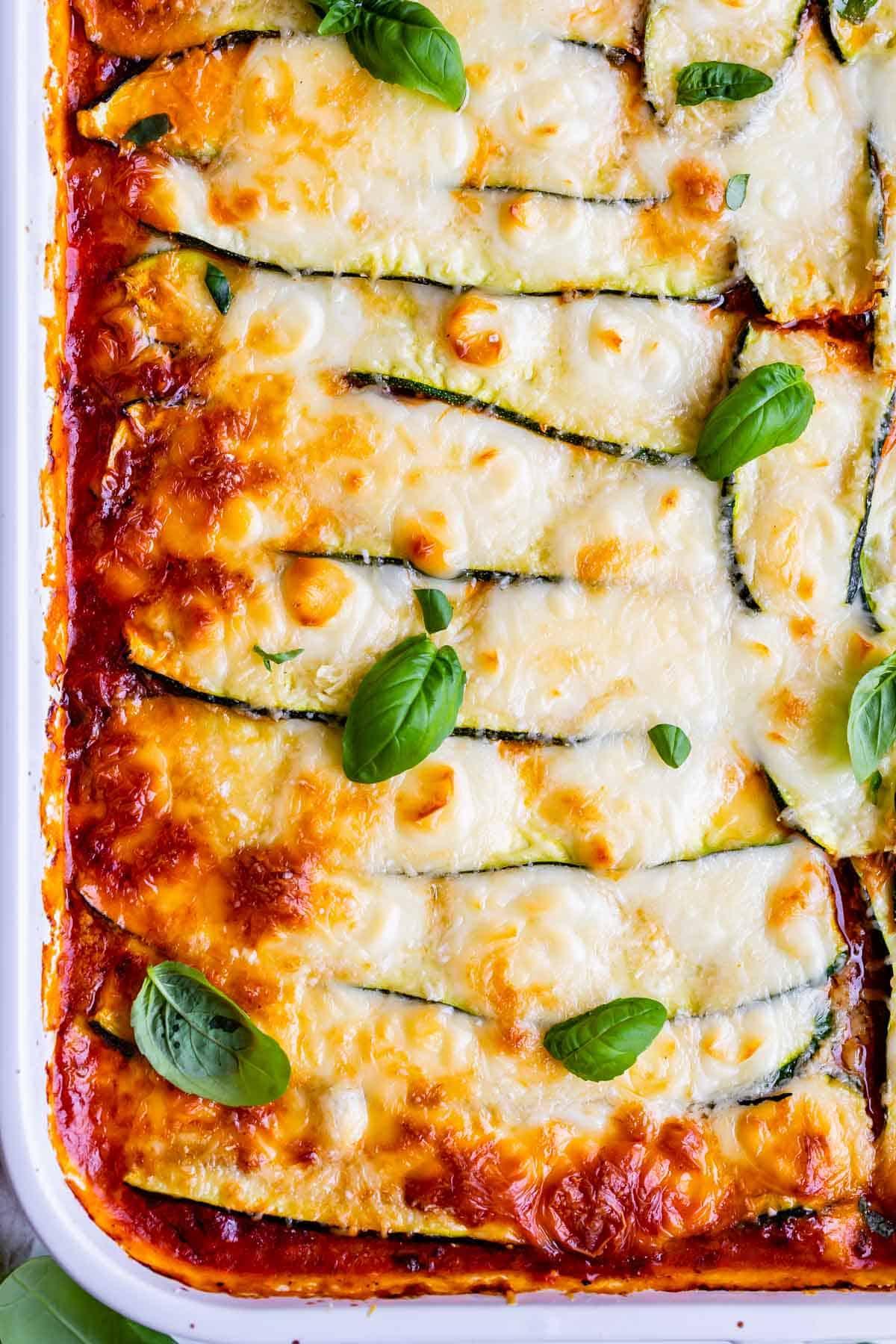 A delicious-looking zucchini lasagna with sweet Italian sausage, freshly baked and ready to serve