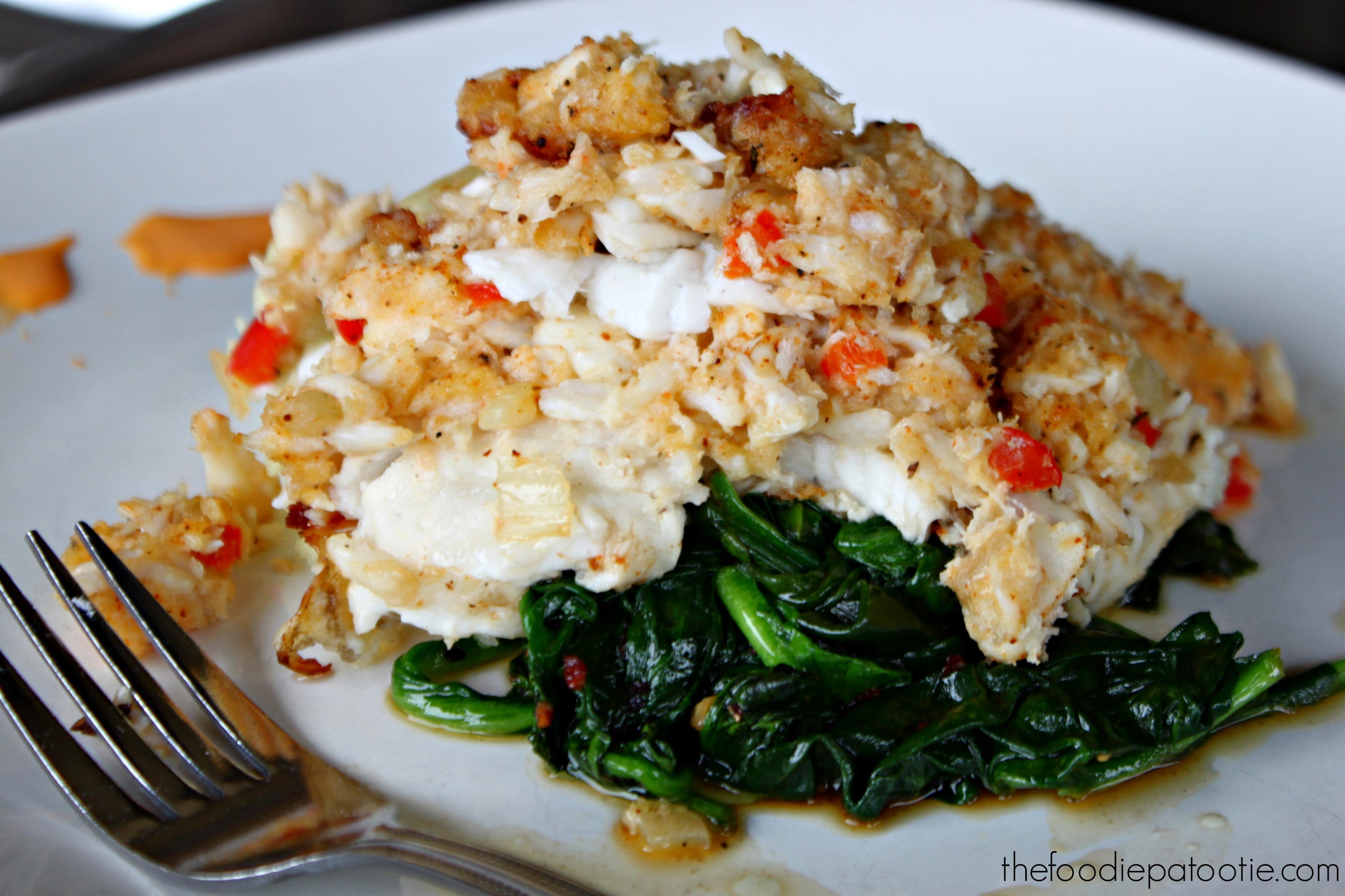 A beautifully presented plate of crabmeat stuffed flounder