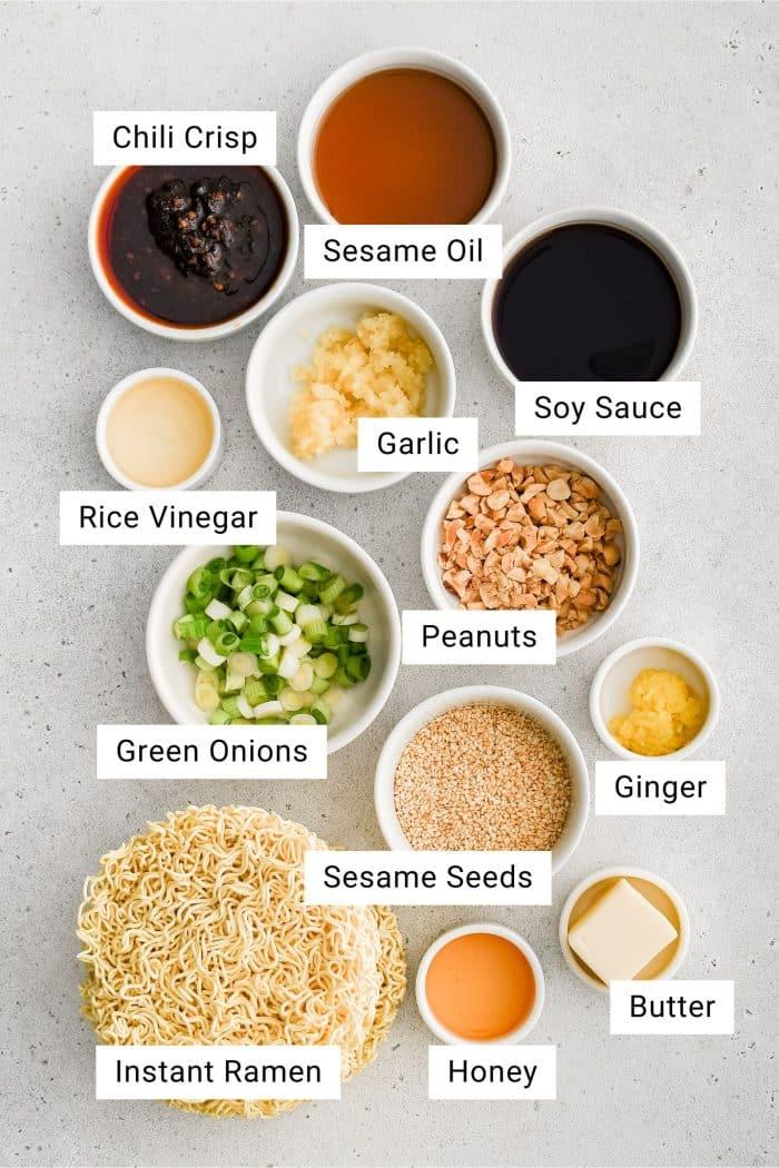 Close up of the ingredients: ramen noodles, onions, sesame seeds, etc.