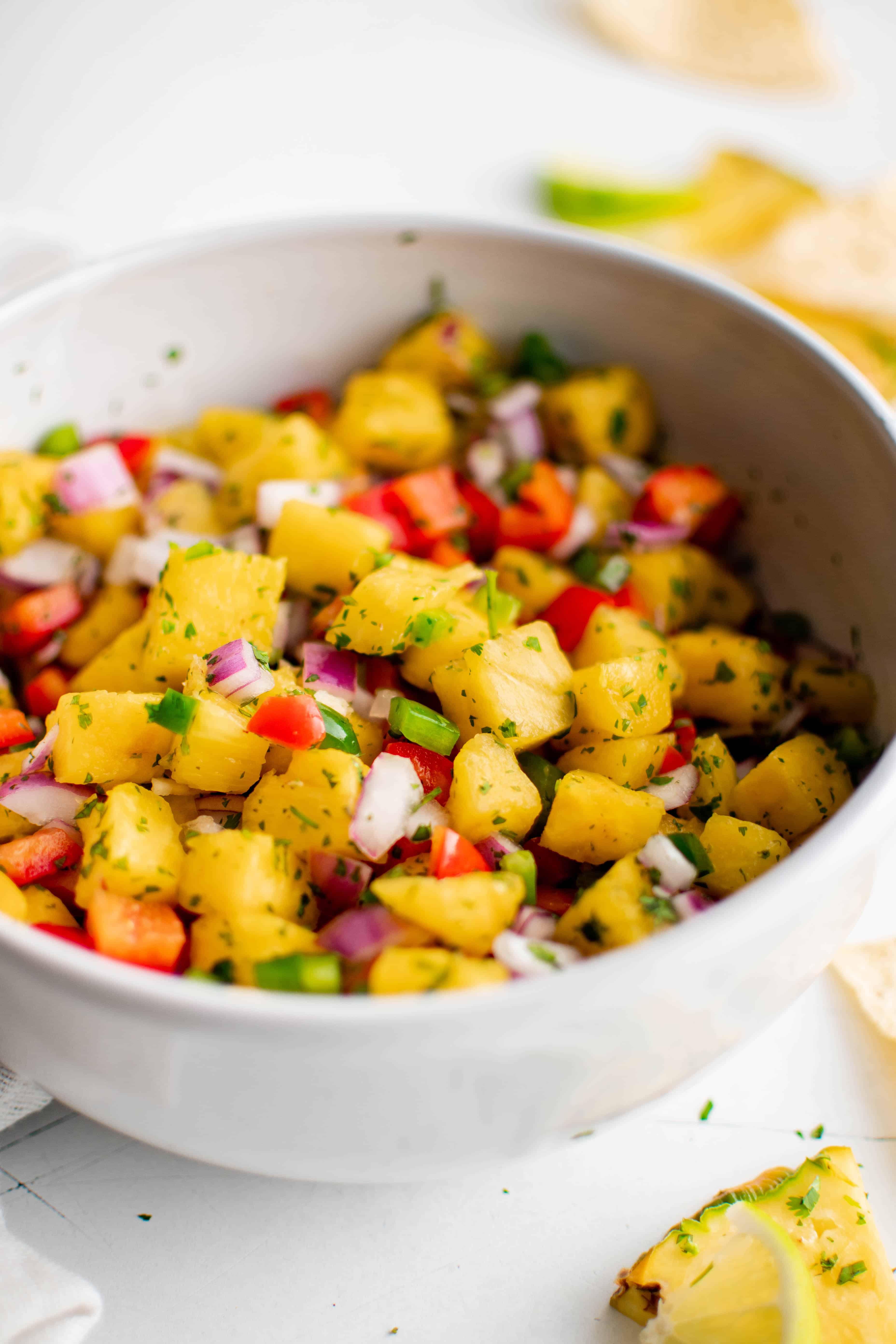 Close-up of the ingredients for the recipe: pineapple, red onion, bell pepper, cilantro, mahi-mahi fillets, and lime.