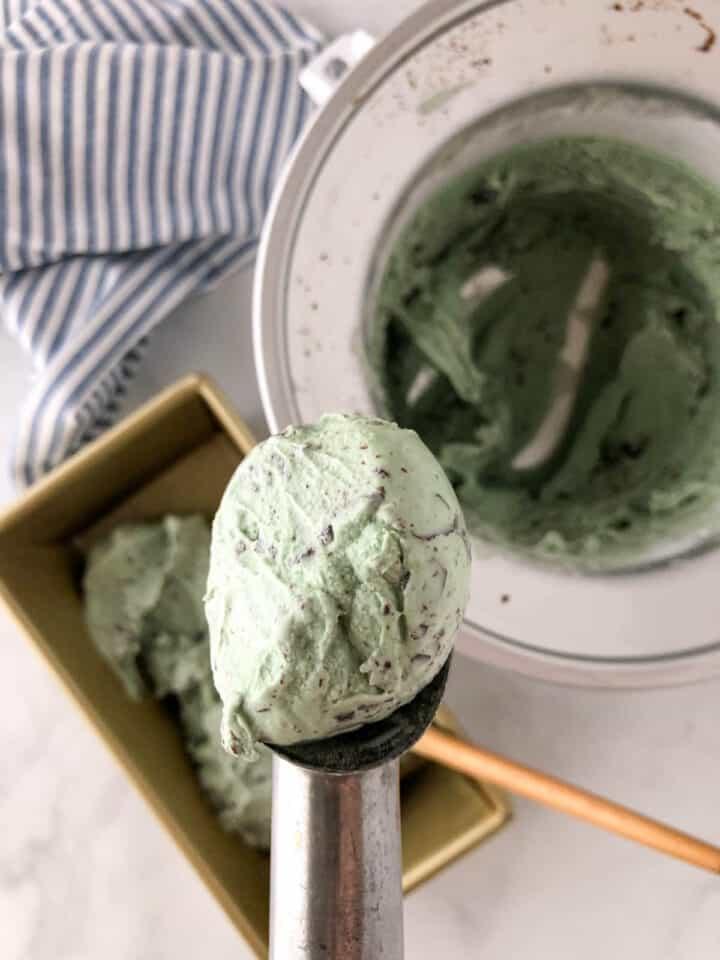 Close-up shot of homemade mint chocolate chip ice cream with a scoop being served.