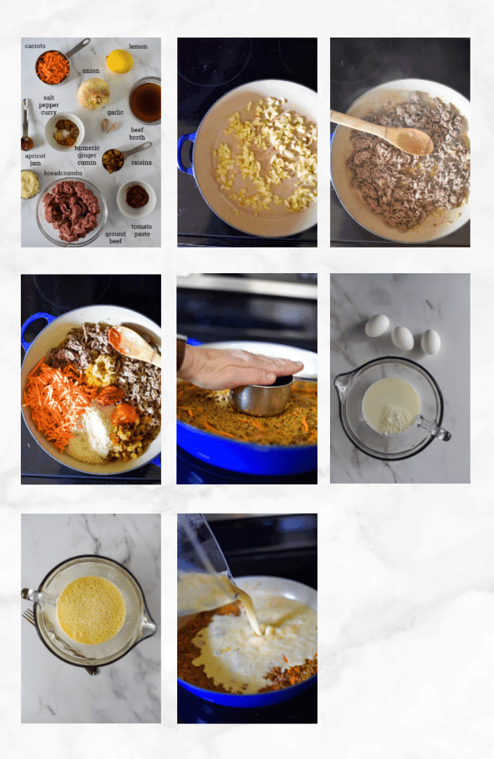 A step-by-step image collage showing the various stages of preparing and cooking the Bobotie