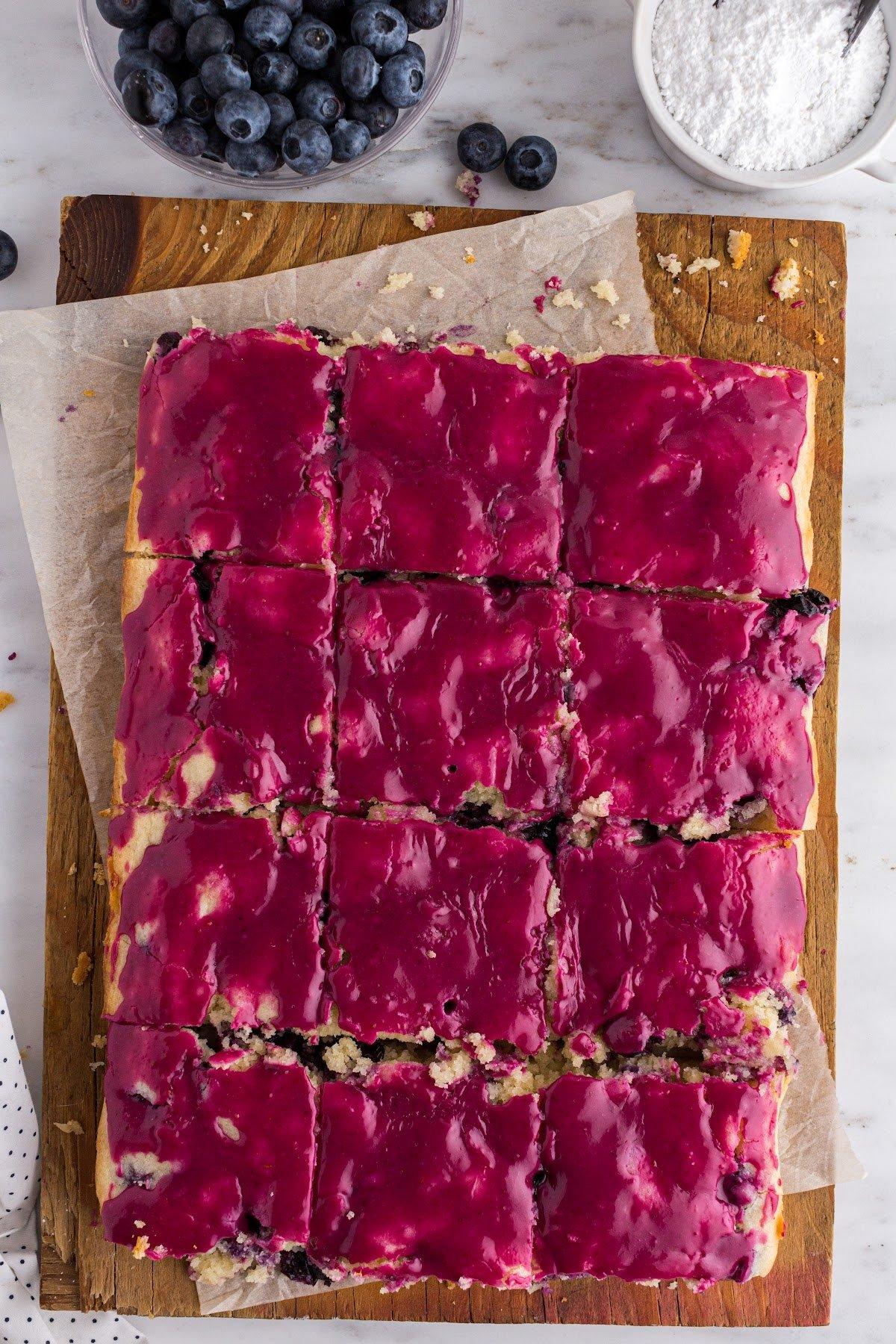 vibrant purple blueberry beetroot blondies on a baking sheet