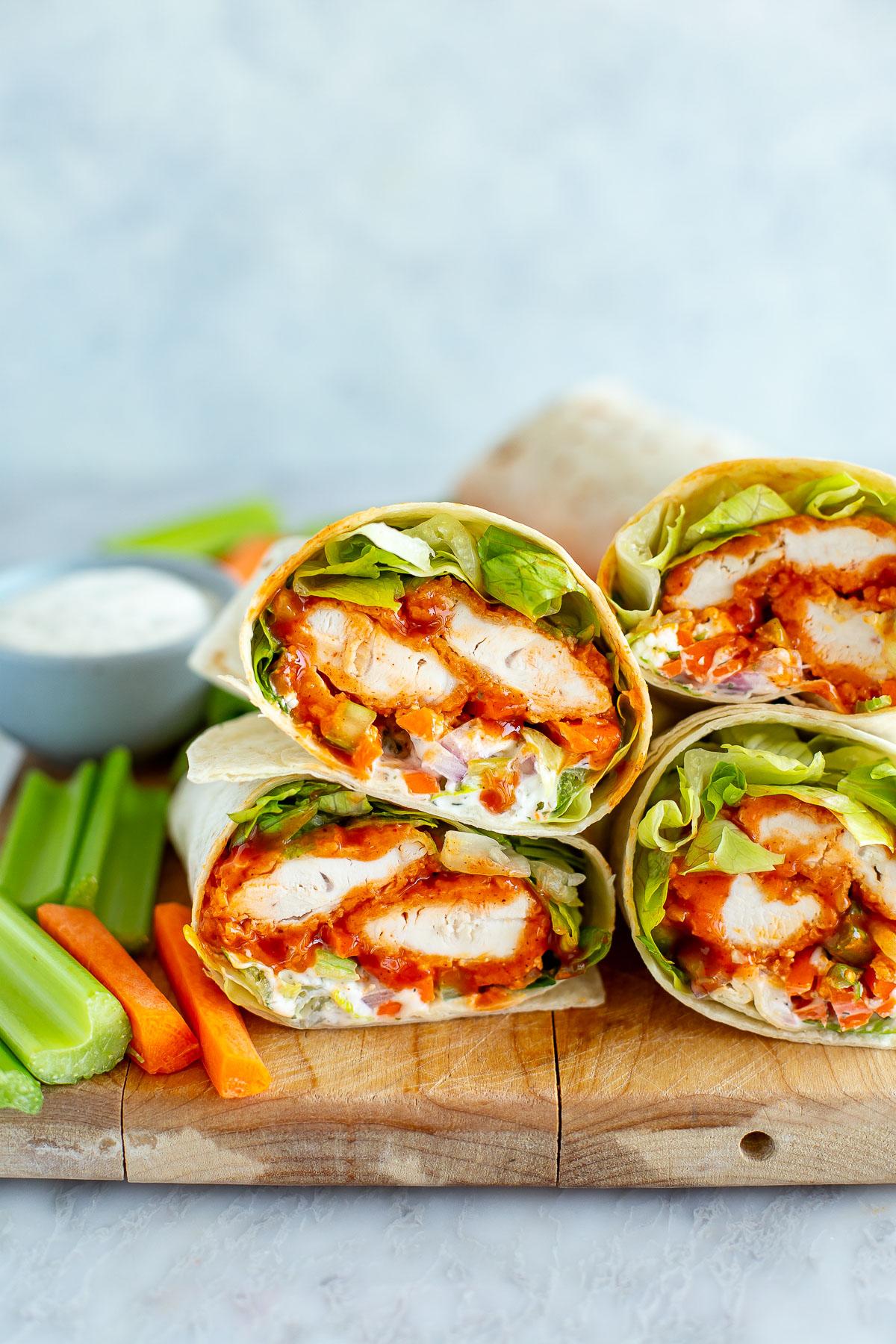 Close-up shot of a delicious Buffalo Chicken Ranch Wrap