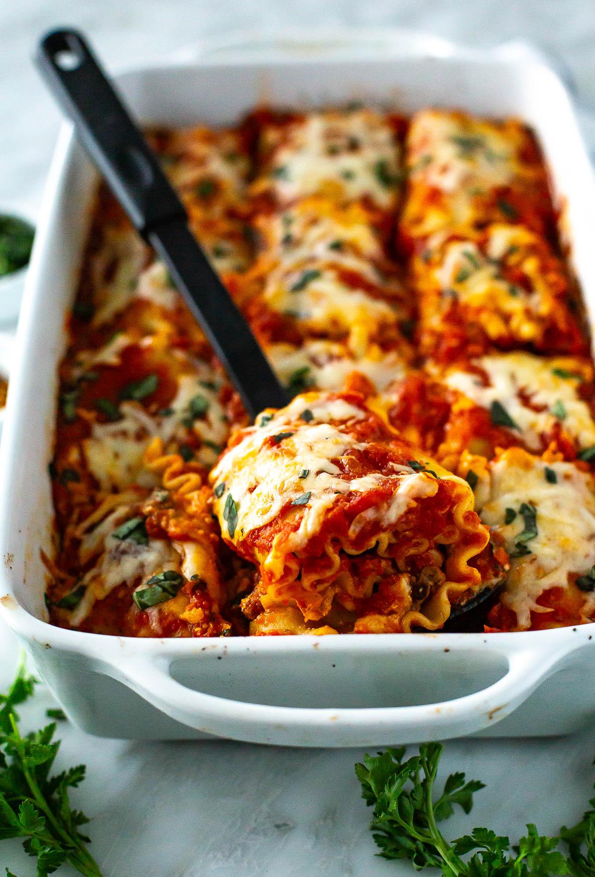 lasagna roll ups casserole fresh out of the oven