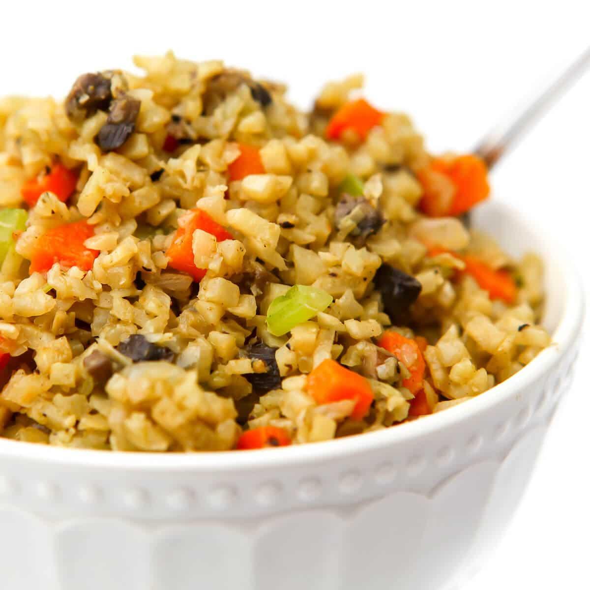 Close-up shot of the cauliflower rice stuffing