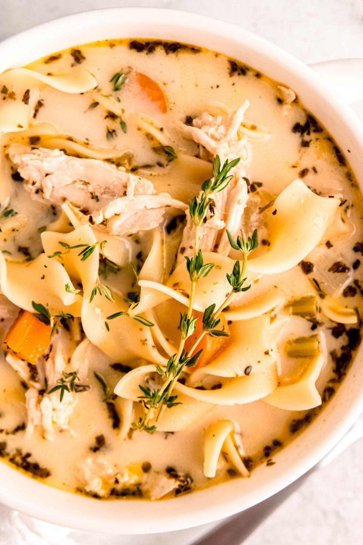 Close-up shot of a person enjoying a bowl of creamy turkey noodle soup