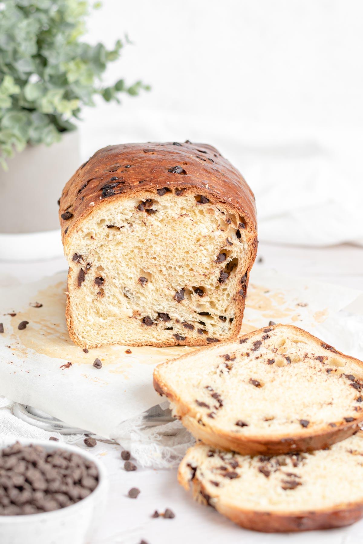 Close-up of a freshly baked brioche with chocolate chips