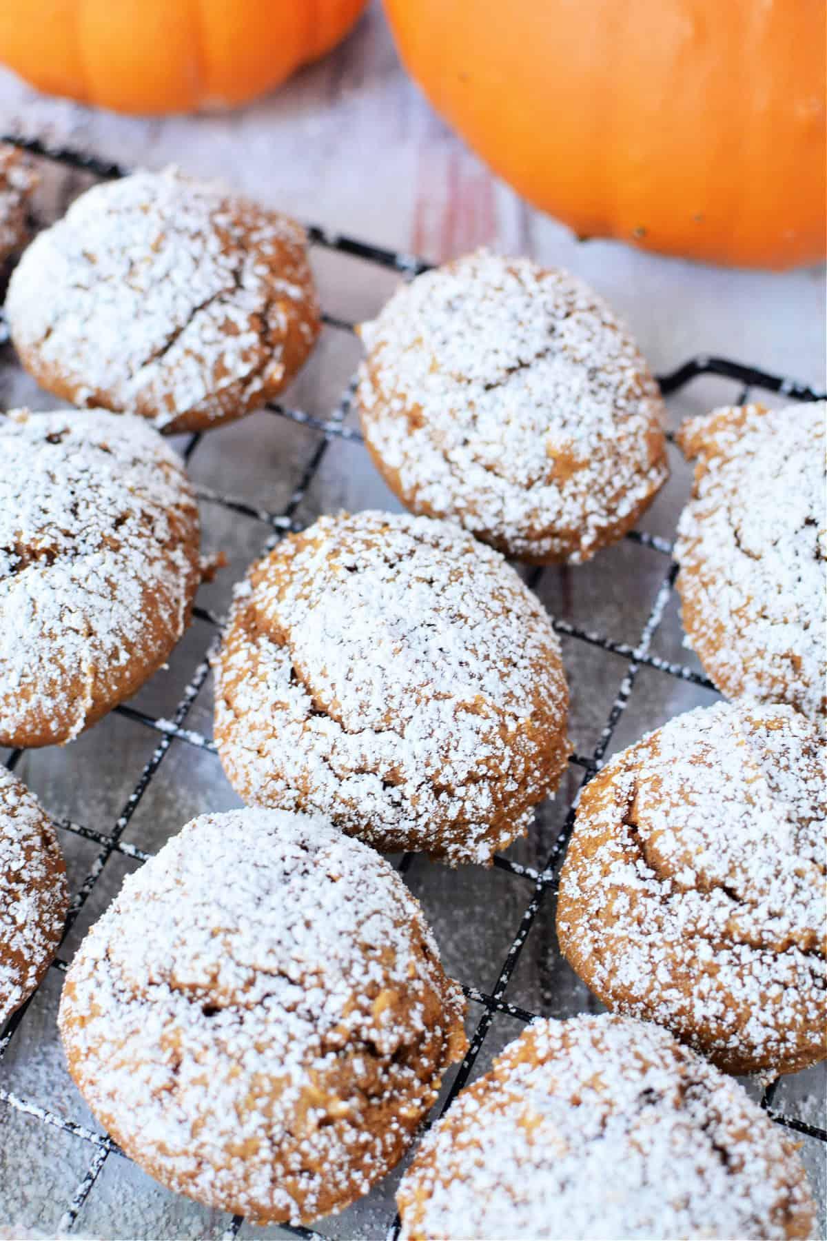 Close-up shot of pumpkin spice cookies with cinnamon, dusted with powdered sugar, on a baking sheet