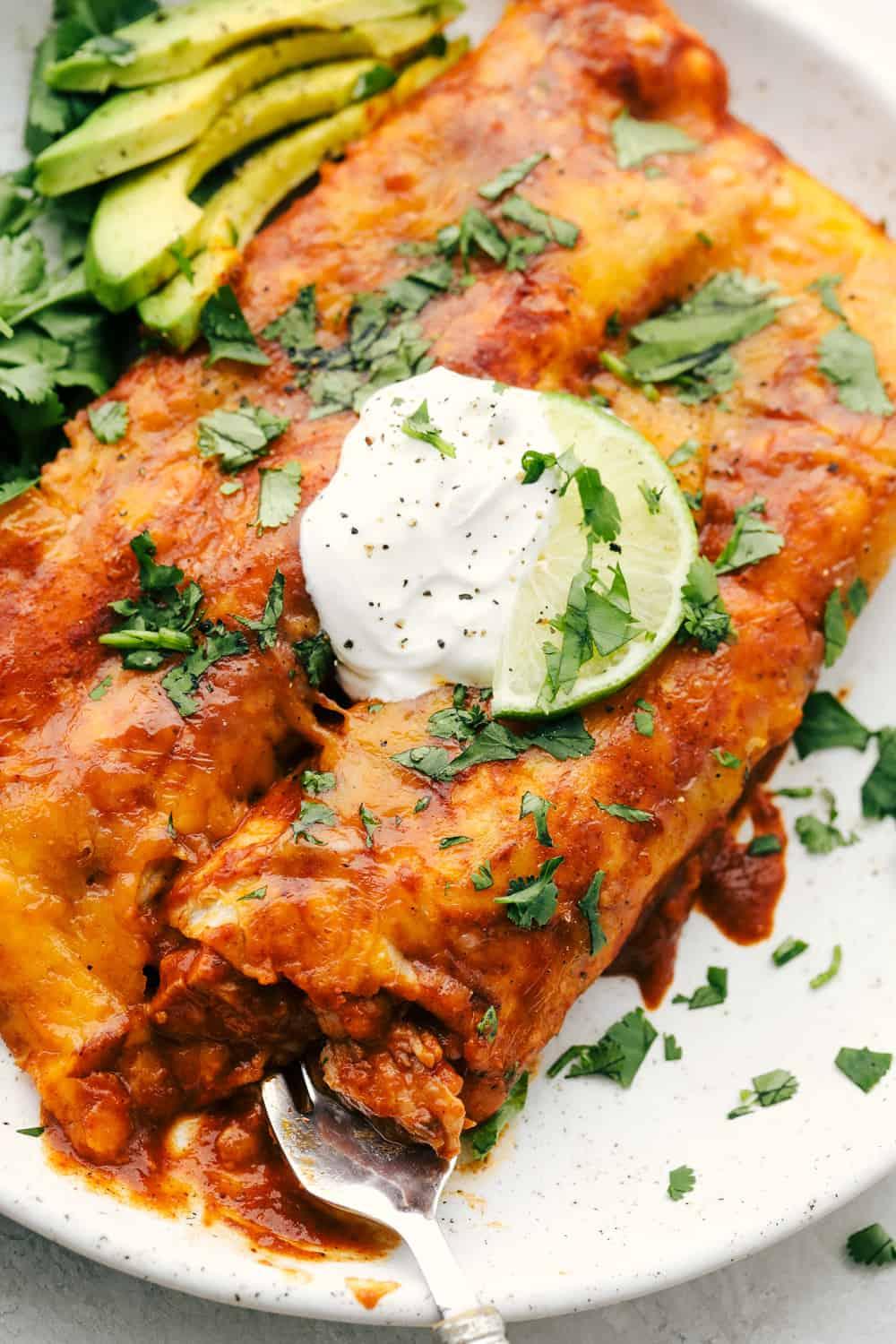 Close up of a single enchilada, showcasing the texture and sauce