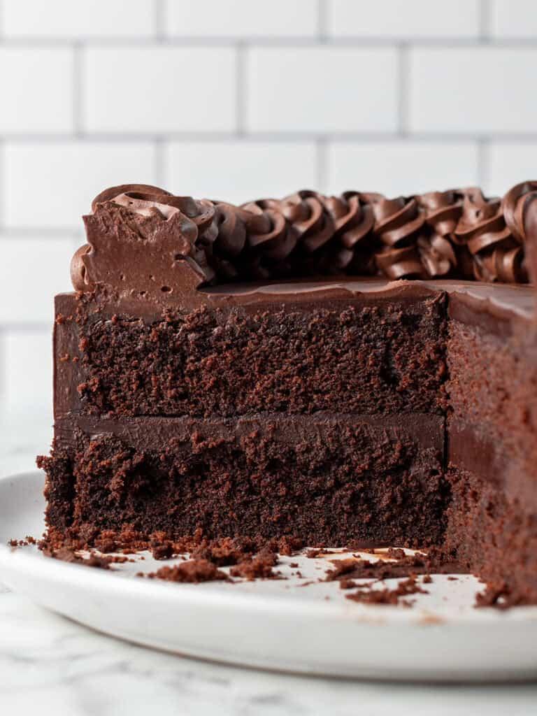 Close up shot of the inside of the cake, showing the fudgy texture