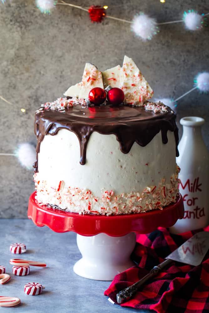 close-up shot of a peppermint bark polenta cake, showing the texture of the polenta and the layers of peppermint bark