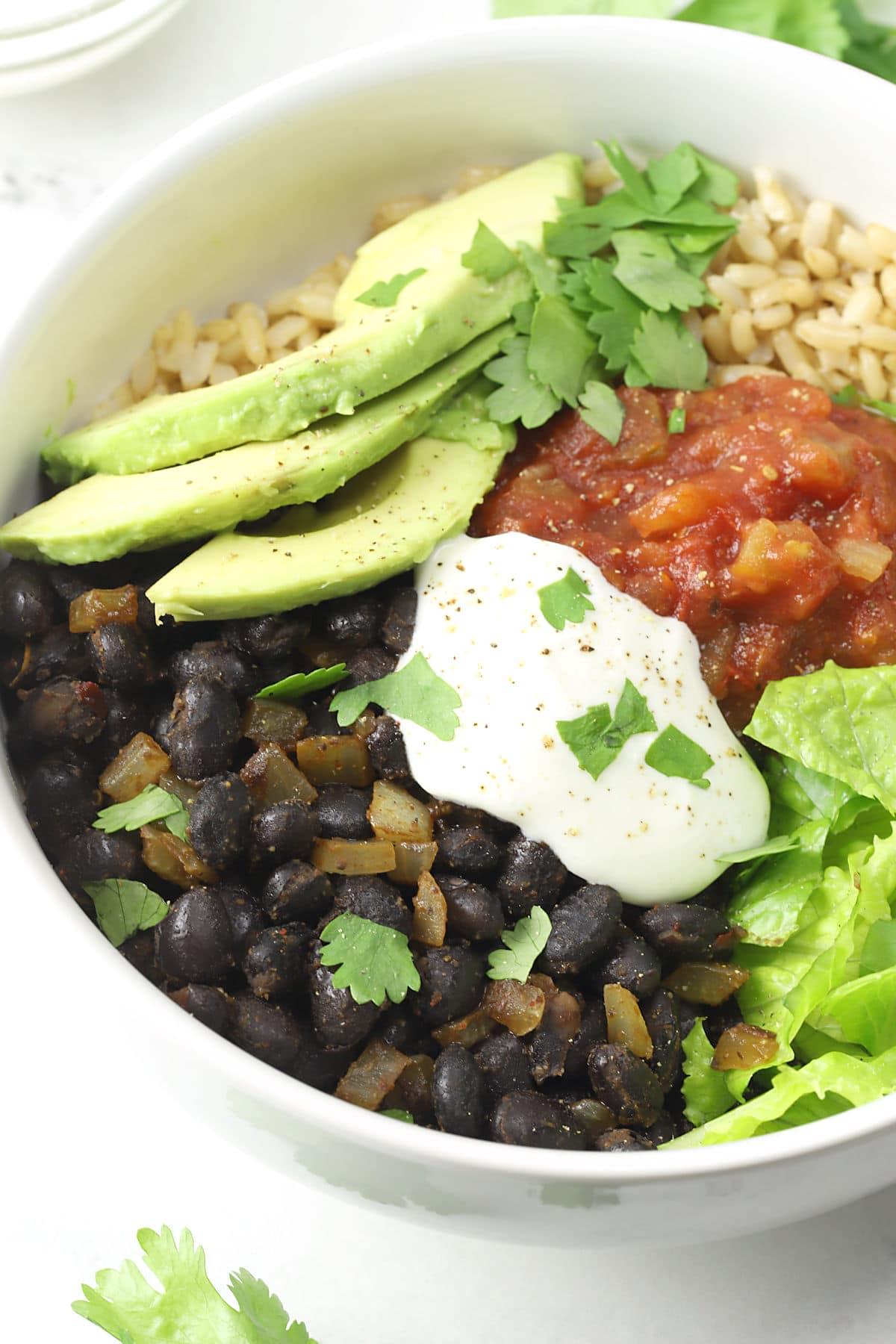 black bean burrito bowl close up