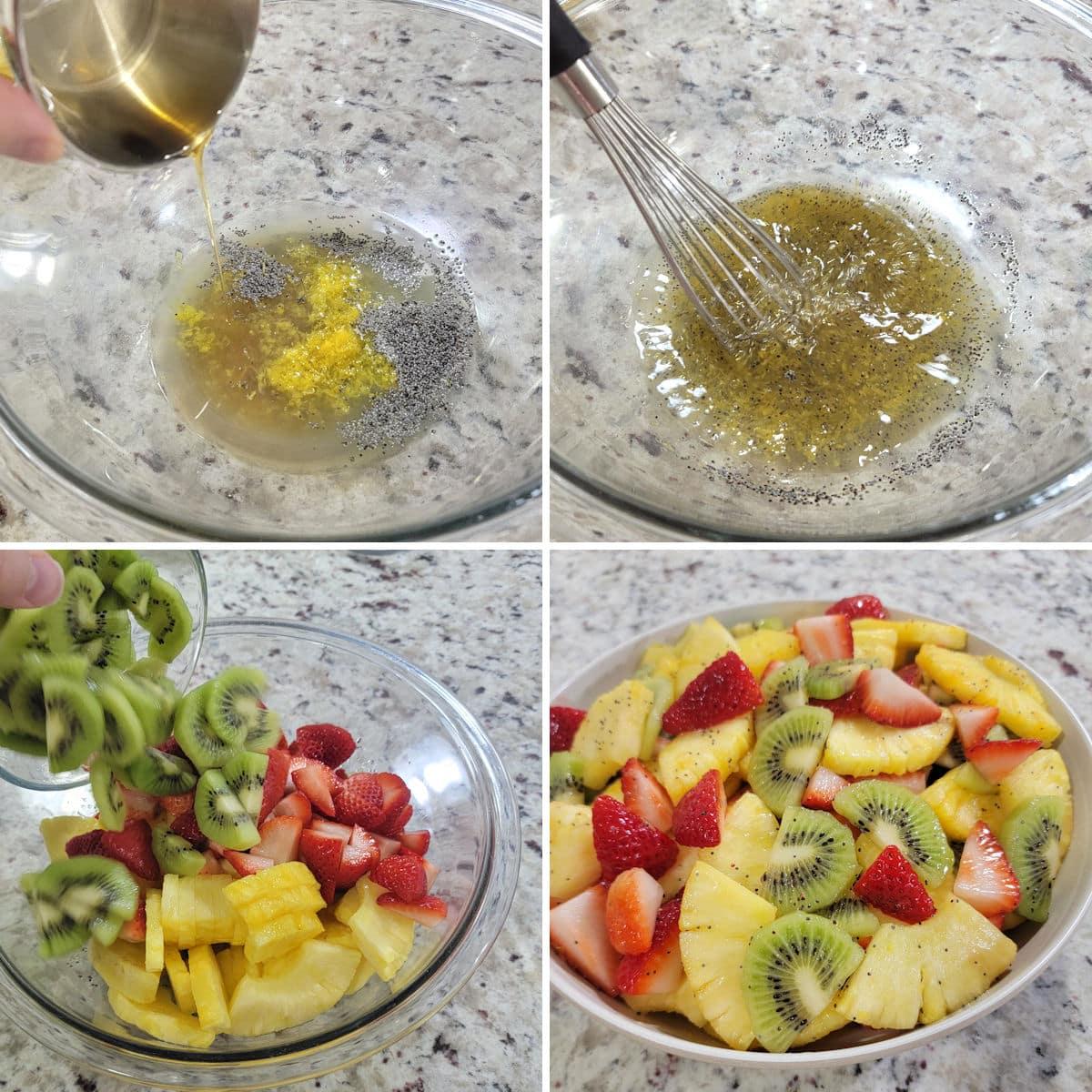 close up of a hand tossing a strawberry spring canyon salad in a glass bowl