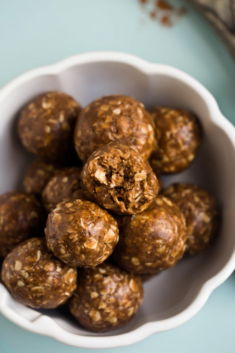 Close-up shot of delicious chai spice energy bites on a baking sheet