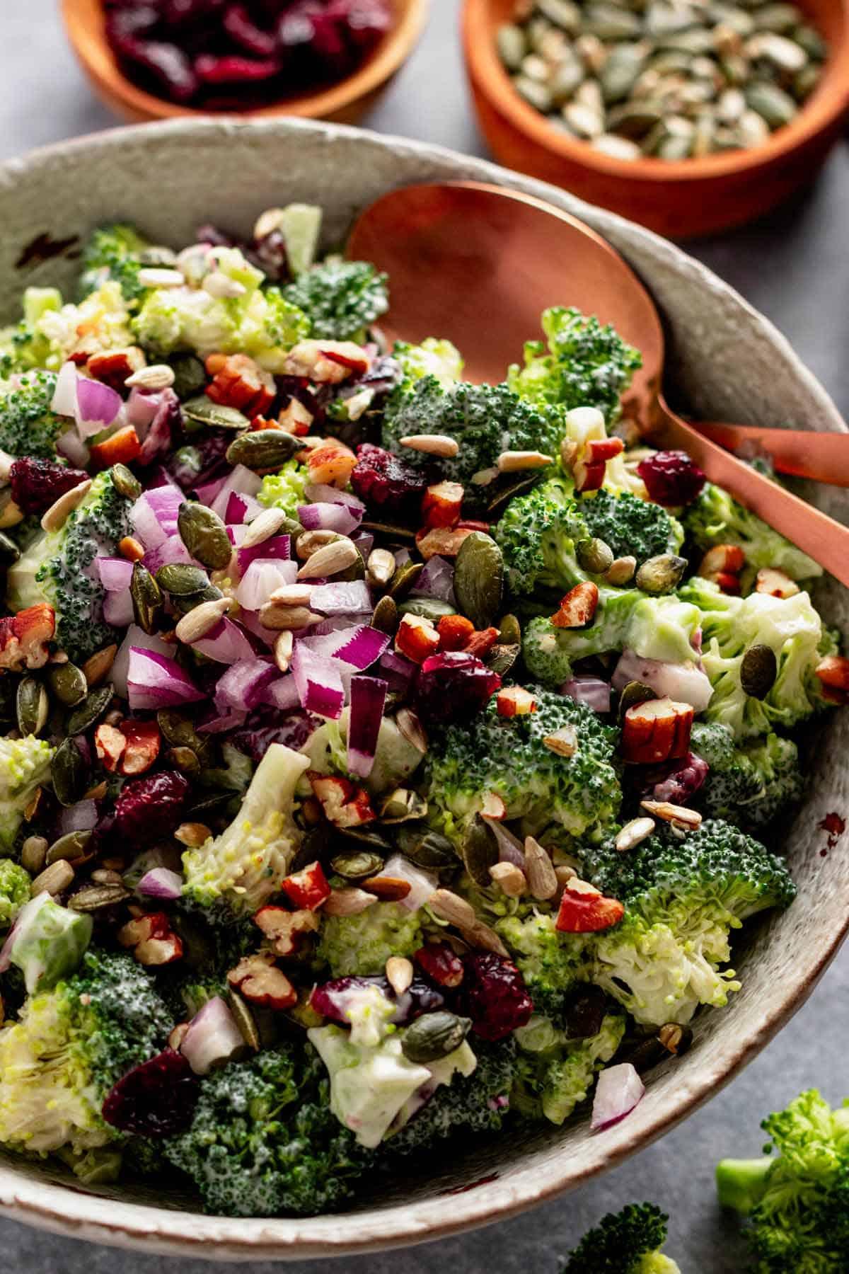 A vibrant broccoli salad with sunflower seeds and dried cranberries in a rustic bowl